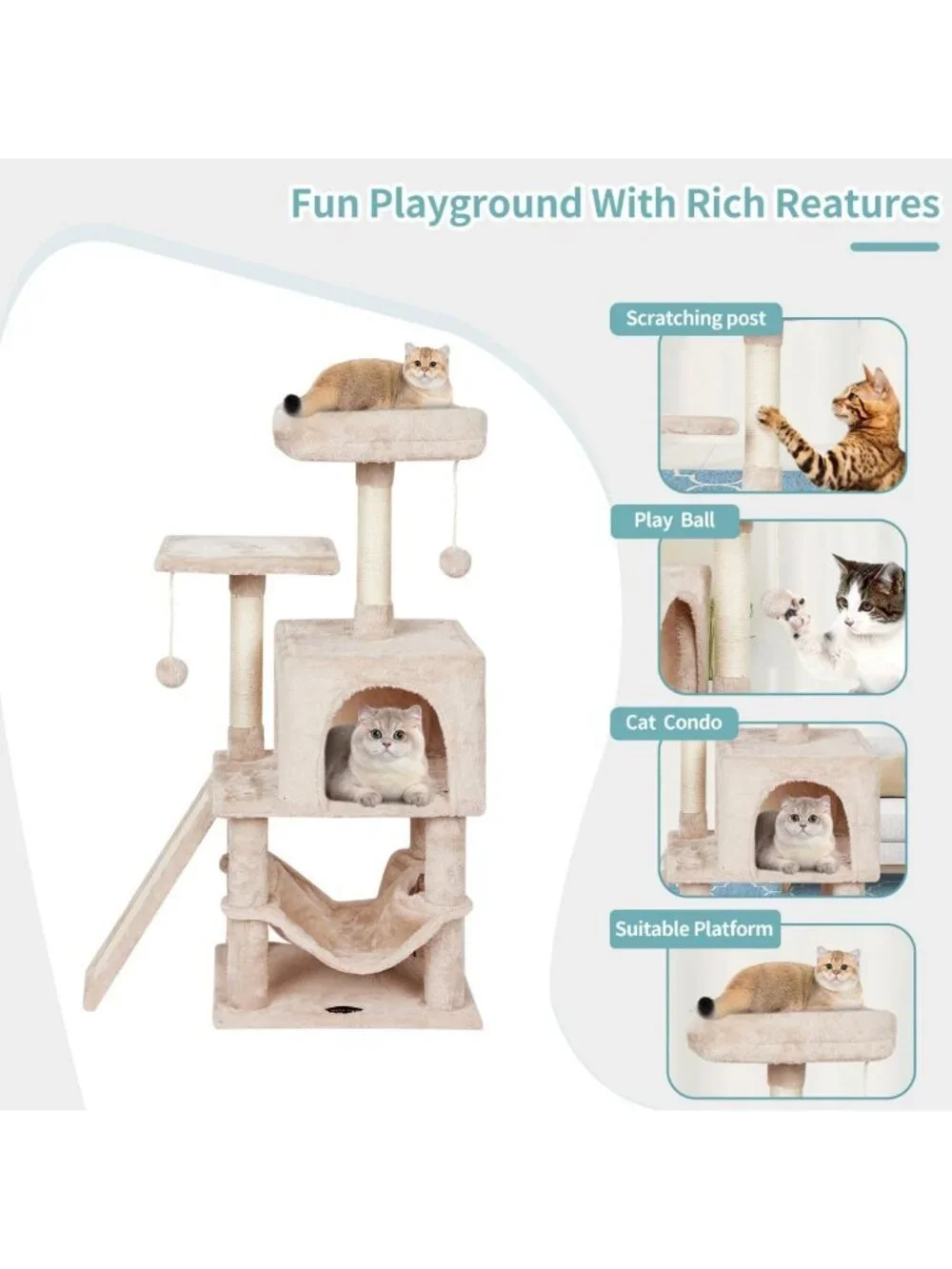Cozy Cat Tree Tower with Hammock & Scratching Post for Kittens - Beige Condo